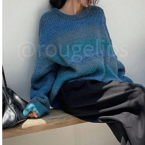 Blue Ombre Oversized Pullover Knit Sweater Round Neck Long SLeeve - Picture 10 of 16